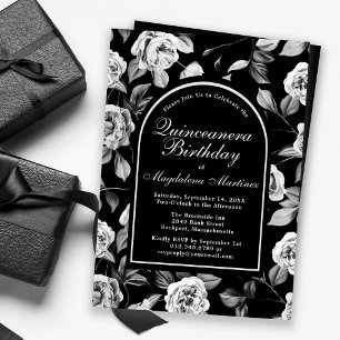 Invitación Arco floral de Rosa blanco negro Quinceanera