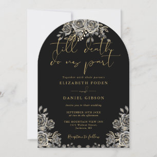 Invitación Arco floral de rosas góticas negras y doradas boda