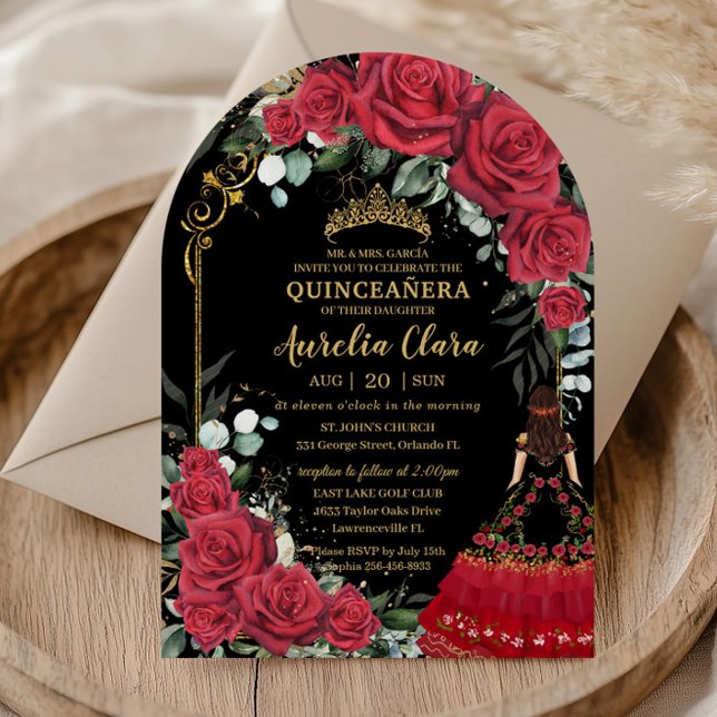 Invitación Arco floral de Roses Rojos Negro Charro Quinceañer (Subido por el creador)