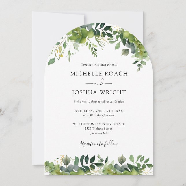 Invitación Arco floral de vegetación moderno código QR boda (Anverso)