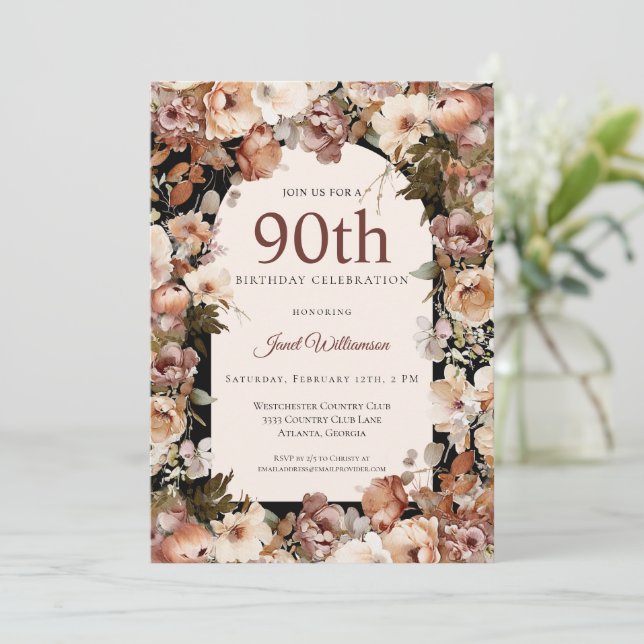 Invitación Arco floral del jardín acuático rosado 90 cumpleañ (Anverso de pie)