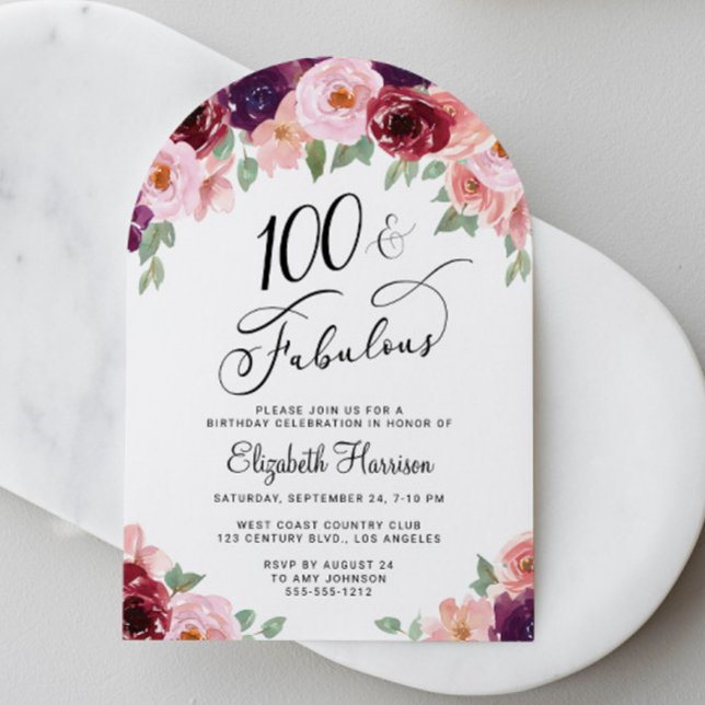 Invitación Arco Floral Elegante Fiesta de Cumpleaños 100 (Elegant Floral Arch 100th Birthday Party Invitation)