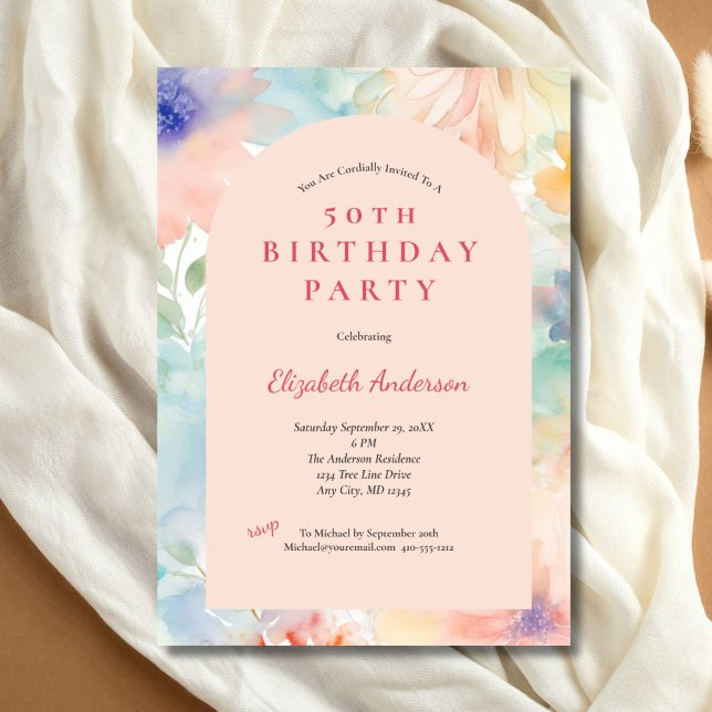 Invitación Arco Floral Moderno Rosa Pastel Cumpleaños 50 Ella (Pastel Pink Floral Elegant 50th Birthday party invitation for he. Printed or Digital Download)