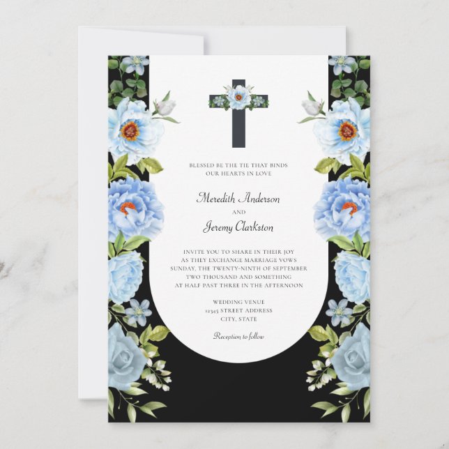 Invitación Arco floral oscuro Boda de la cruz religiosa (Anverso)