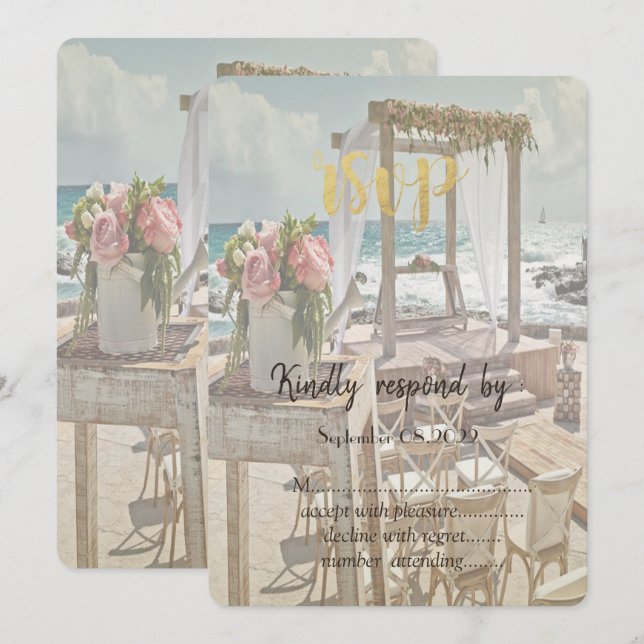 Invitación Arco floral para boda retro en la playa RSVP  (Anverso / Reverso)