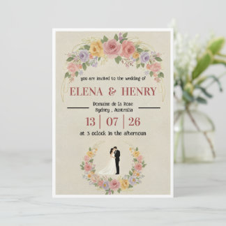 Invitación Arco floral pastel caprichoso y novia novio 