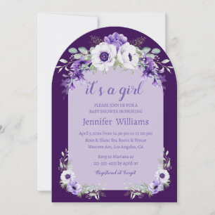 Invitación Arco Floral Púrpura "Es una Niña" para Baby Shower