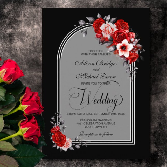 Invitación Arco floral rojo Boda plateado negro (Subido por el creador)
