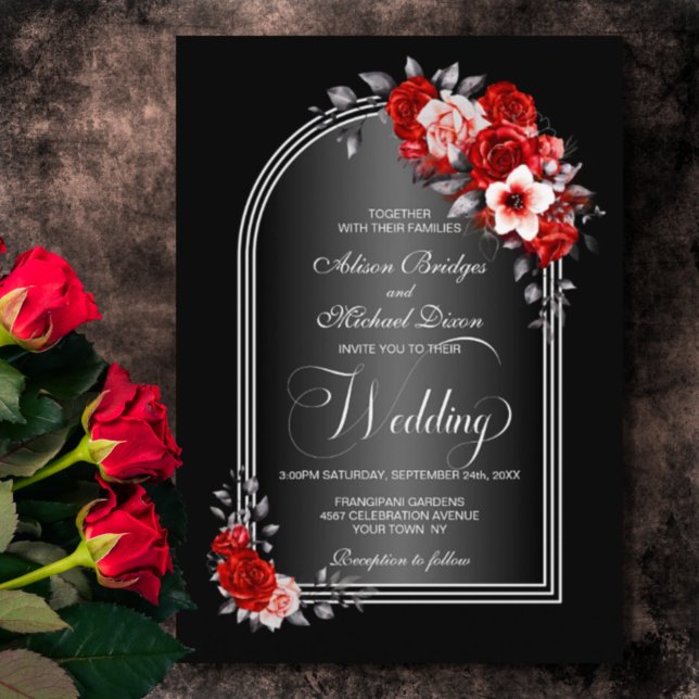Invitación Arco floral rojo negro gris Boda (Subido por el creador)