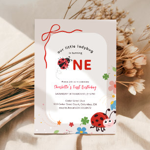 Invitación Arco Floral Rojo Pequeña Mariquita Cumpleaños 1