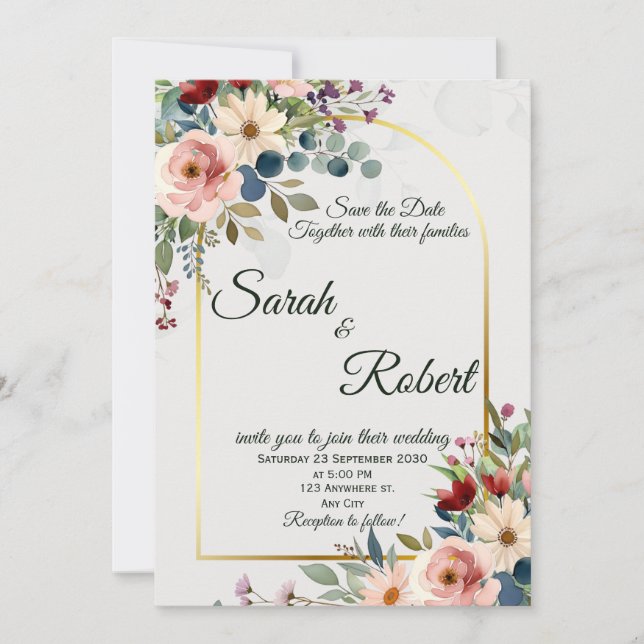 Invitación Arco Floral Romántico Dorado para Boda Save The Da (Anverso)