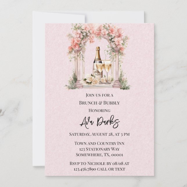 Invitación Arco floral rosa Champaign Brunch & Bubbly (Anverso)
