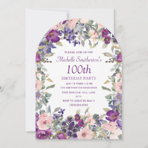 Invitación Arco floral rosa con rubor púrpura Cumpleaños 100