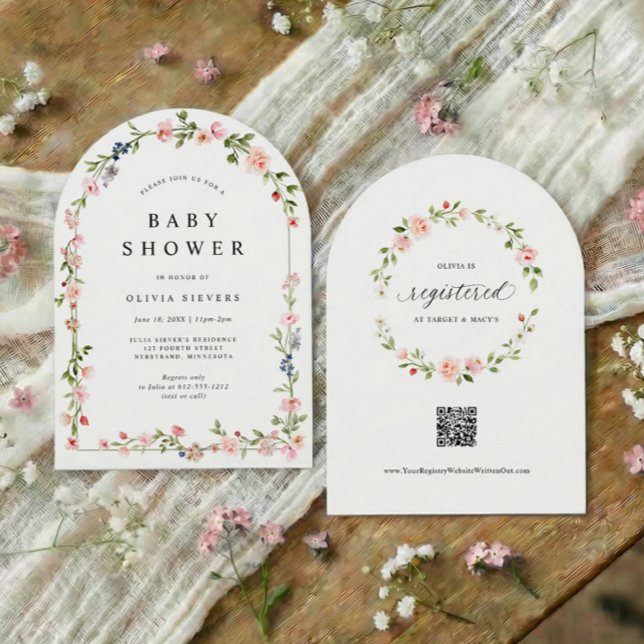 Invitación Arco Floral Rosa Cumpleaños Niña (Baby girl shower invitation with watercolor floral arch and pink botanical flowers)