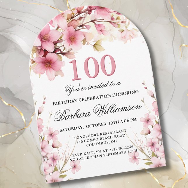 Invitación Arco floral rosa Elegancia 100 cumpleaños (Subido por el creador)