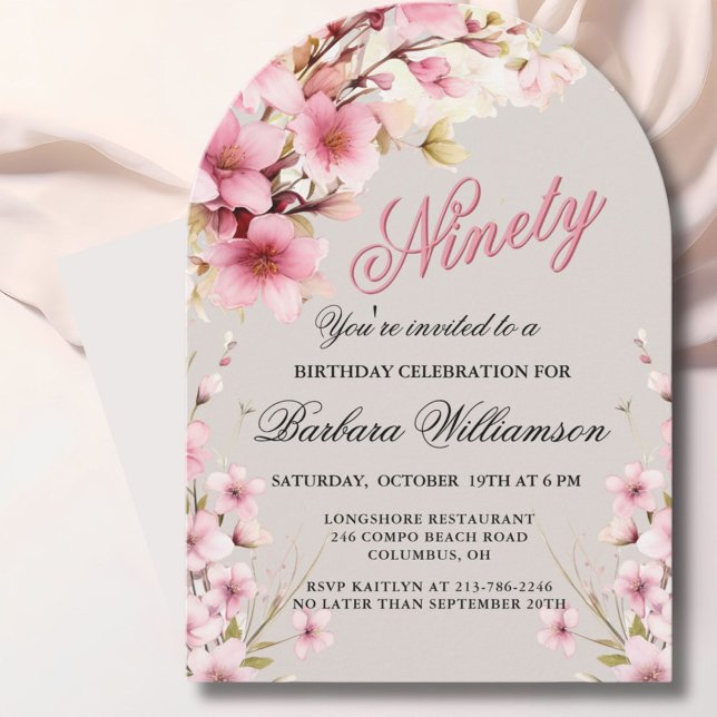Invitación Arco floral rosa Elegancia fiesta de cumpleaños 90 (Subido por el creador)