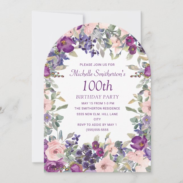 Invitación Arco floral rosa morado de Rubor 100 cumpleaños (Anverso)