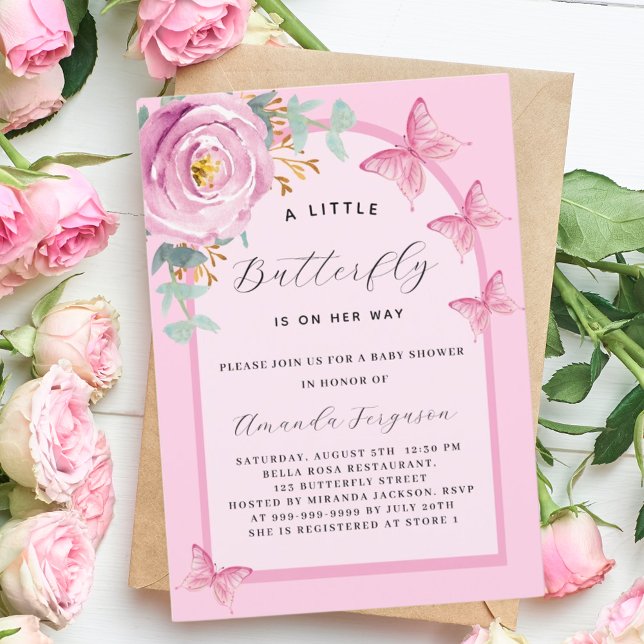 Invitación Arco floral rosa rosa mariposa Baby Shower (Subido por el creador)