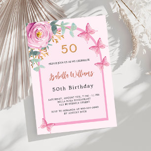Invitación Arco floral rosa rosa mariposas lujo Cumpleaños