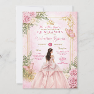 Invitación Arco Floral Rosa Rubor Marco Dorado Mariposa Quinc