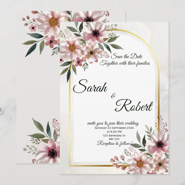 Invitación Arco Floral Rosa Suave Bodas Salvar La Fecha (Anverso / Reverso)