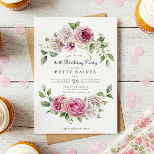 Invitación Arco floral Rosa Verde Rosa 80ª fiesta de cumpleañ