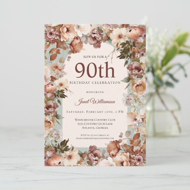 Invitación Arco floral Rosa y Verde Jardín 90 cumpleaños (Anverso de pie)
