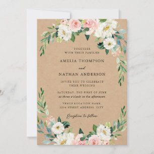 Invitación Arco Floral Rosado Boda Rústica Kraft