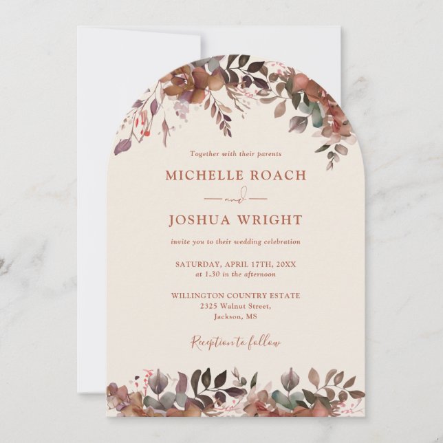 Invitación Arco Floral Rústico Monograma Boda Otoño (Anverso)