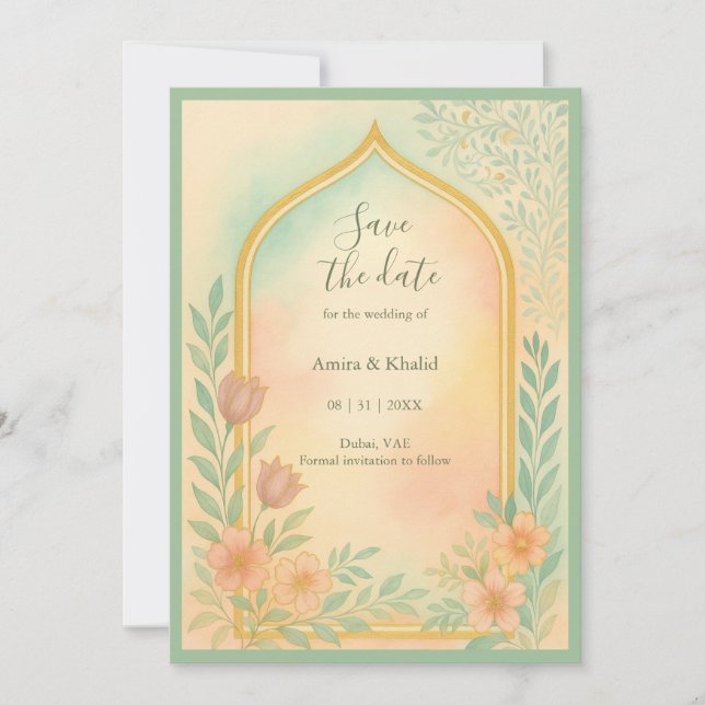 Invitación Arco floral suave pastel dorado salvar la fecha Bo (Anverso)