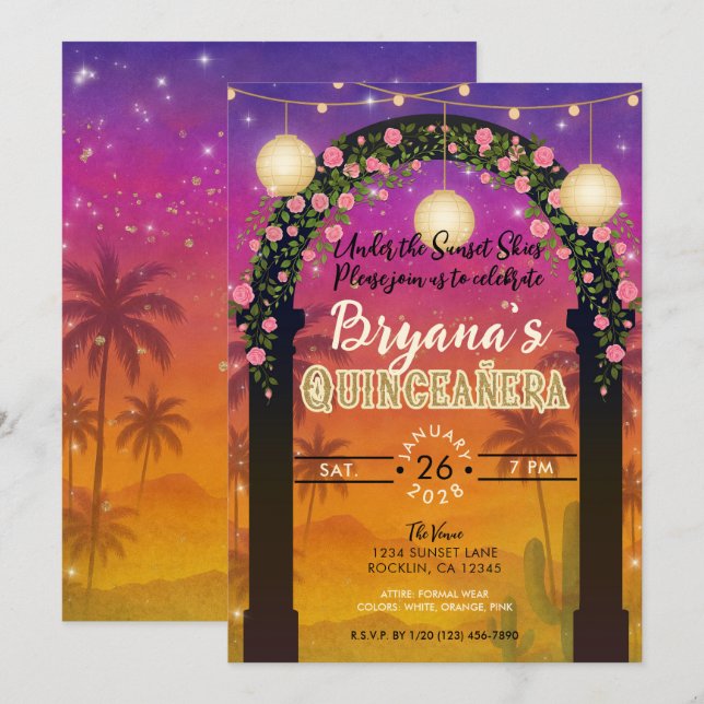 Invitación Arco floral Sunset 15 de Quinceañera (Anverso / Reverso)