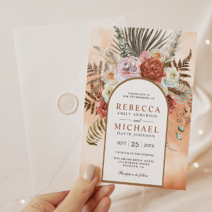 Invitación Arco Floral Terracota Rústico Boho Terroso para Bo