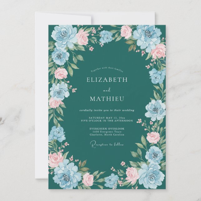 Invitación Arco floral turquesa florecido boda (Anverso)
