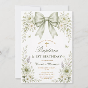 Invitación Arco Floral Verde Salvia Bautizo y Primer Cumpleañ