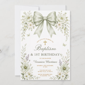 Invitación Arco Floral Verde Salvia Bautizo y Primer Cumpleañ