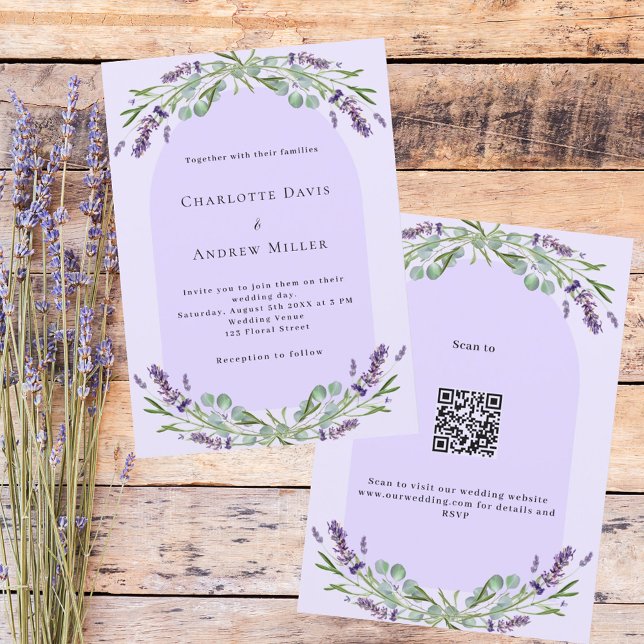 Invitación Arco floral violeta de Lavender código QR boda RSV (Subido por el creador)