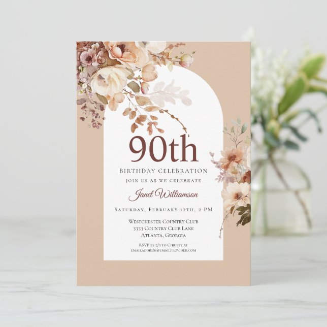 Invitación Arco floral Watercolor Garden 90º cumpleaños (Anverso de pie)