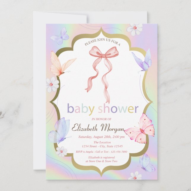 Invitación Arco Flores Mariposas Ducha de Bebé Holográfica (Anverso)