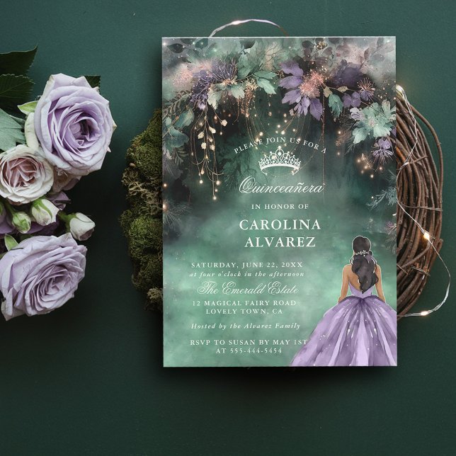 Invitación Arco Forestal Encantado Lavanda de Oro Quinceanera (quince invitation quinceanera emerald green lavender enchanted forest magical fairy tale elegant )