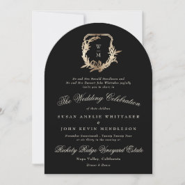 Invitación Arco formalmente negro monograma dorado Boda de co