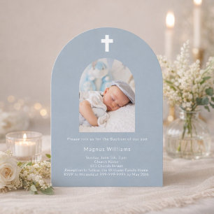 Invitación Arco fotográfico azul polvoriento niño Bautizo