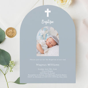 Invitación Arco fotográfico azul turbio bautismo
