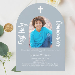 Invitación Arco fotográfico azul turbio Primer Comunión Santa