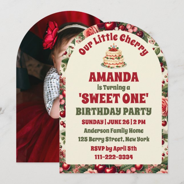 Invitación Arco fotográfico de primer cumpleaños de la cereza (Anverso / Reverso)