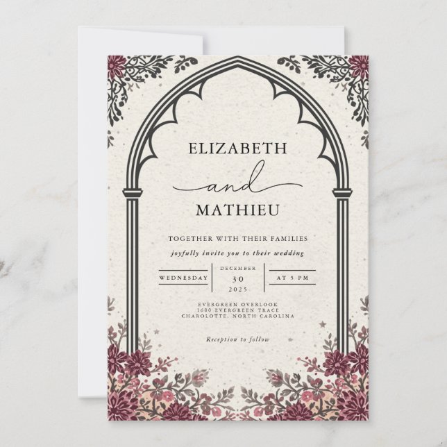 Invitación Arco gótico Borgoña Boda Floral (Anverso)