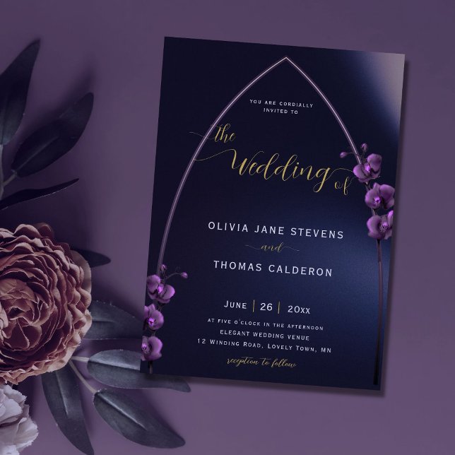 Invitación Arco gótico Moody Orquídeas Púrpura Boda Floral (Subido por el creador)