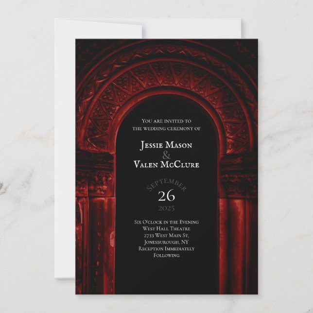 Invitación Arco gótico Rojo Elegante Boda Oscura Negro (Anverso)
