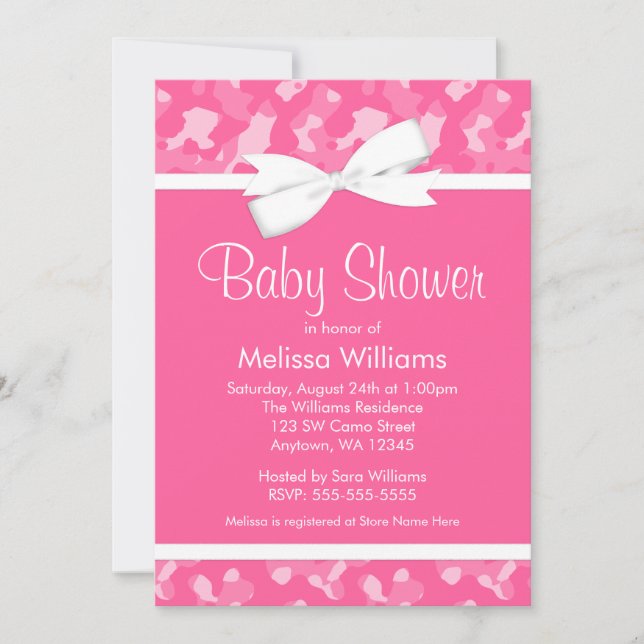Invitación Arco impreso camuflaje rosado Baby Shower (Anverso)