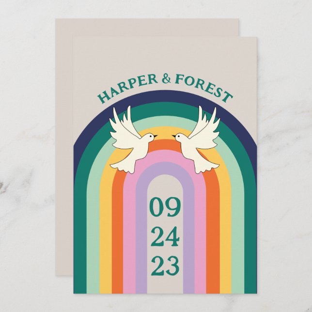 Invitación Arco iris retro 70 (Anverso / Reverso)