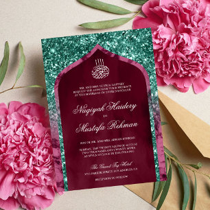 Invitación Arco Islámico de Boda con Mármol Magenta y Brillo